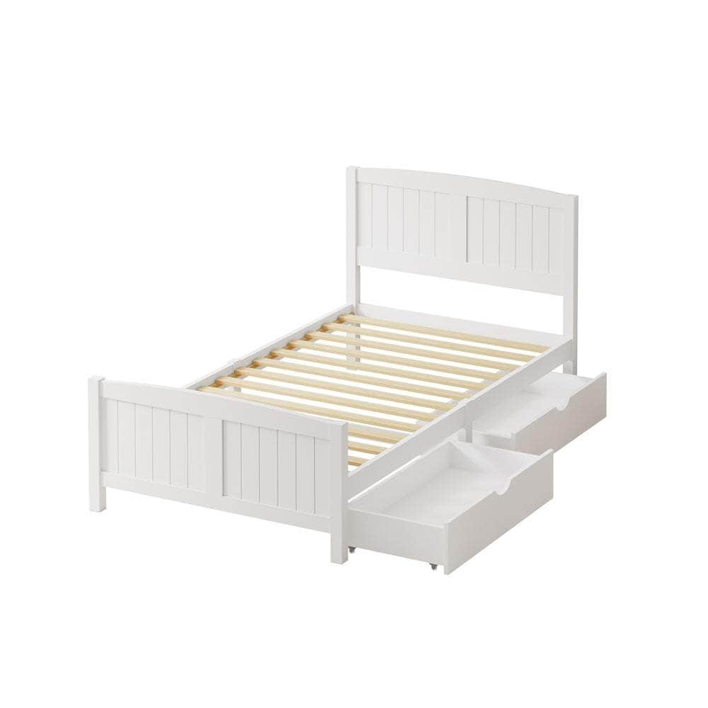 Wooden Bed Frame with Trundle Drawers White