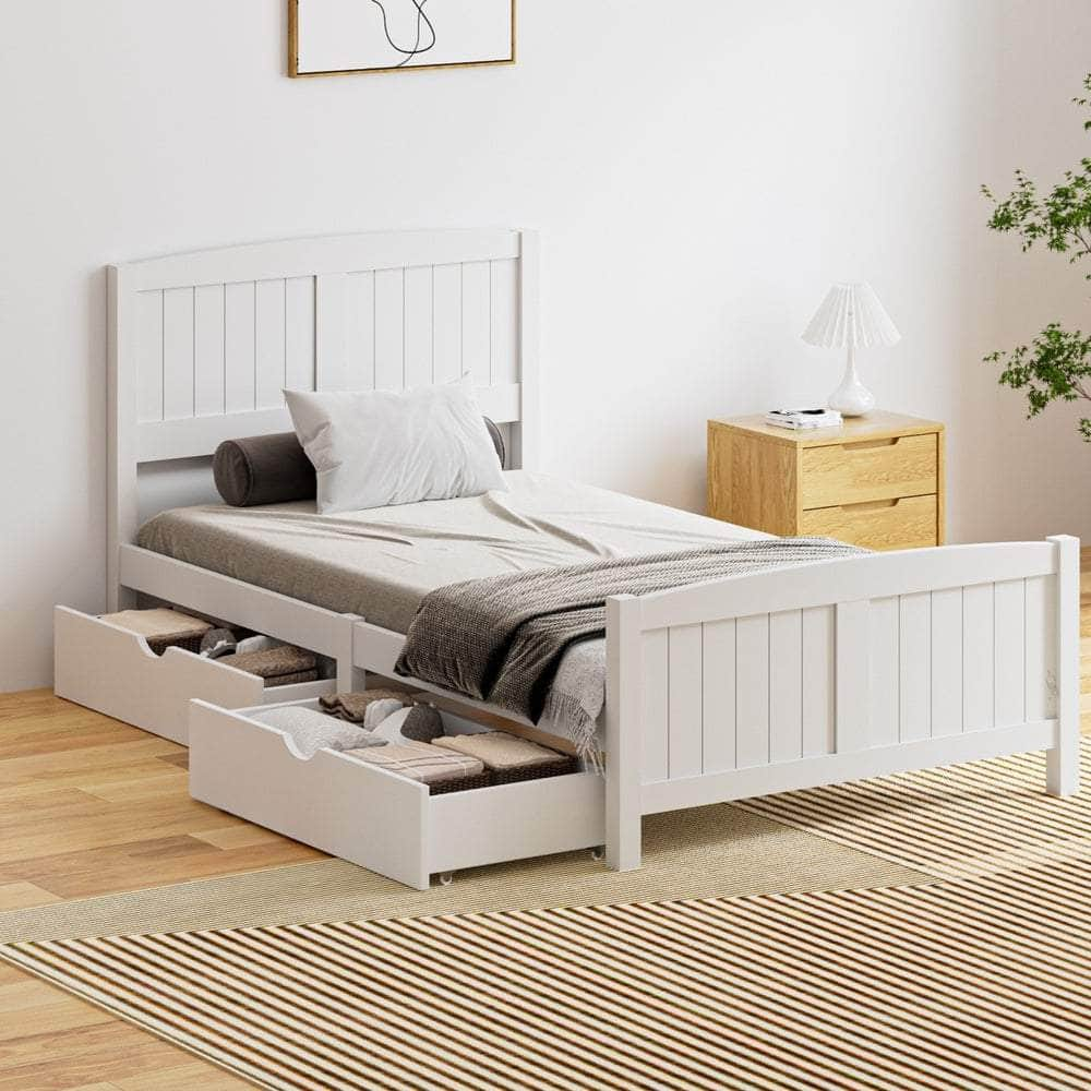 Wooden Bed Frame with Trundle Drawers White