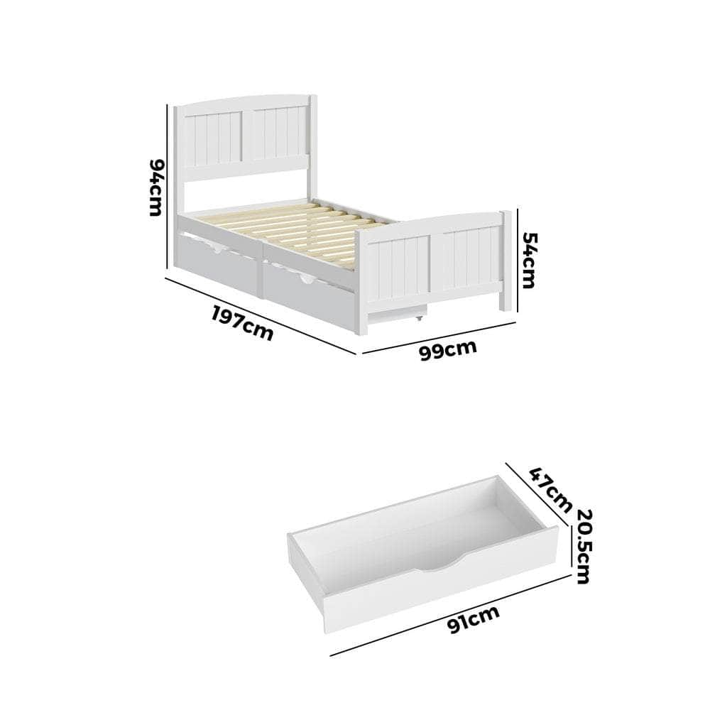 Wooden Bed Frame with Trundle Drawers White