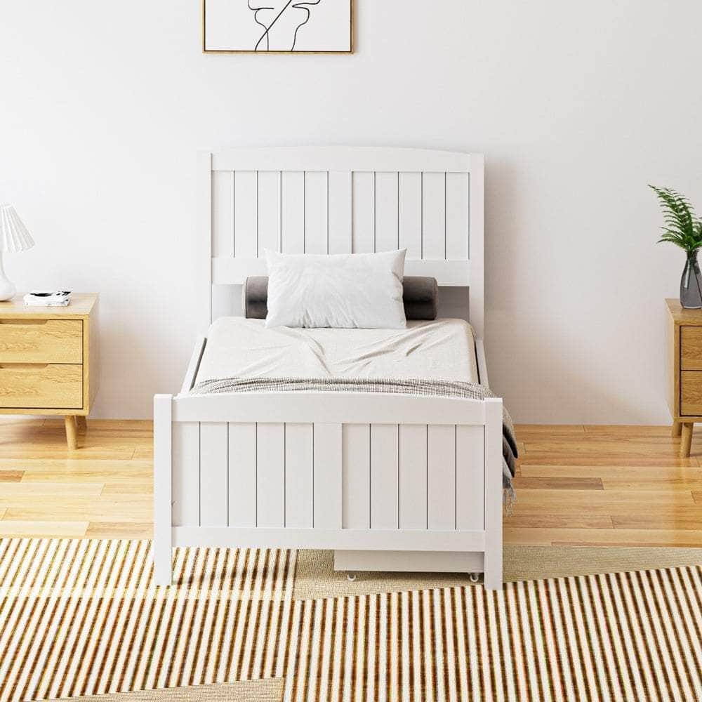 Wooden Bed Frame with Trundle Drawers White