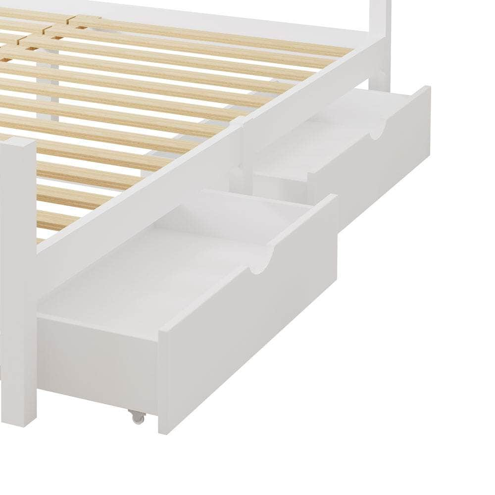 Wooden Bed Frame with Trundle Drawers White