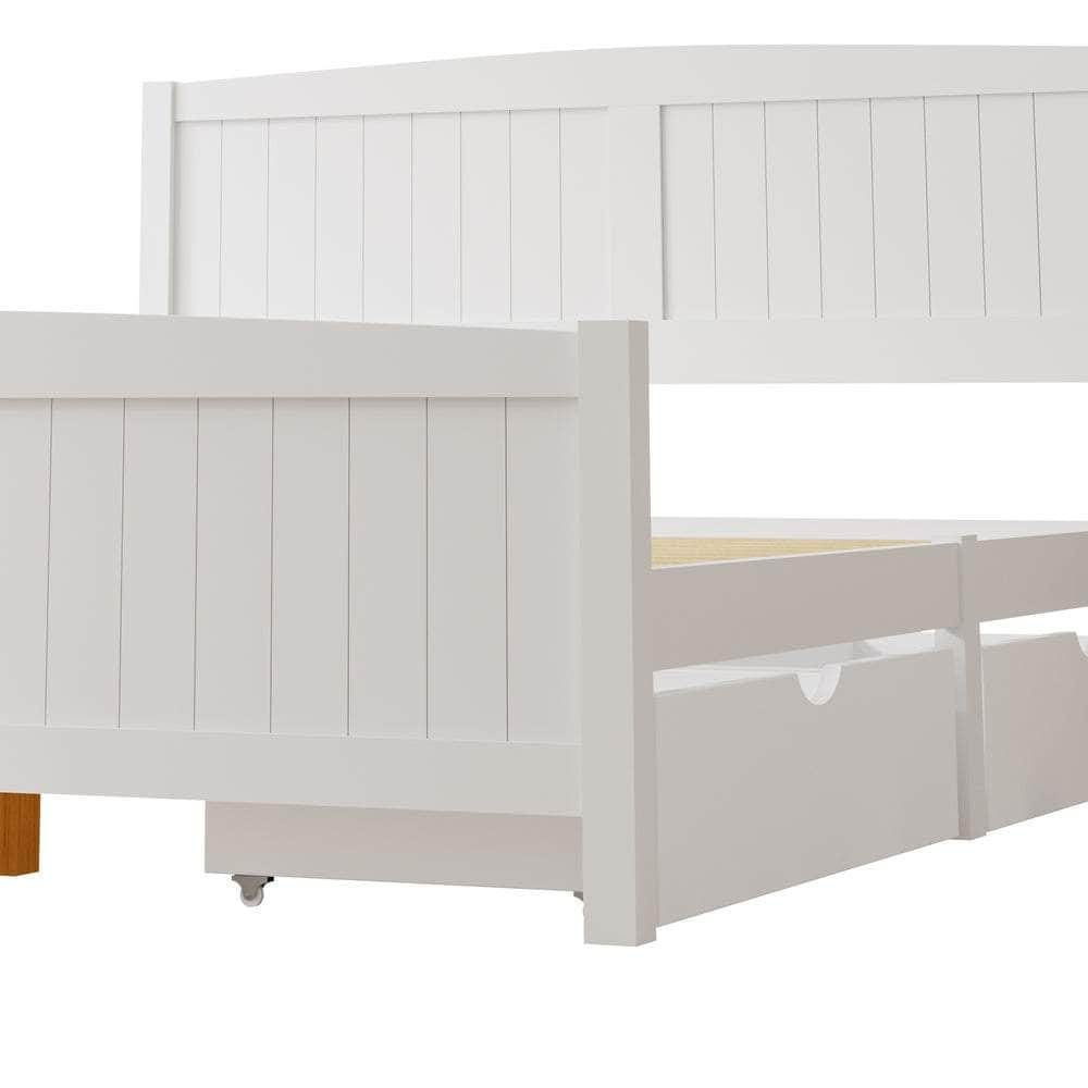 Wooden Bed Frame with Trundle Drawers White