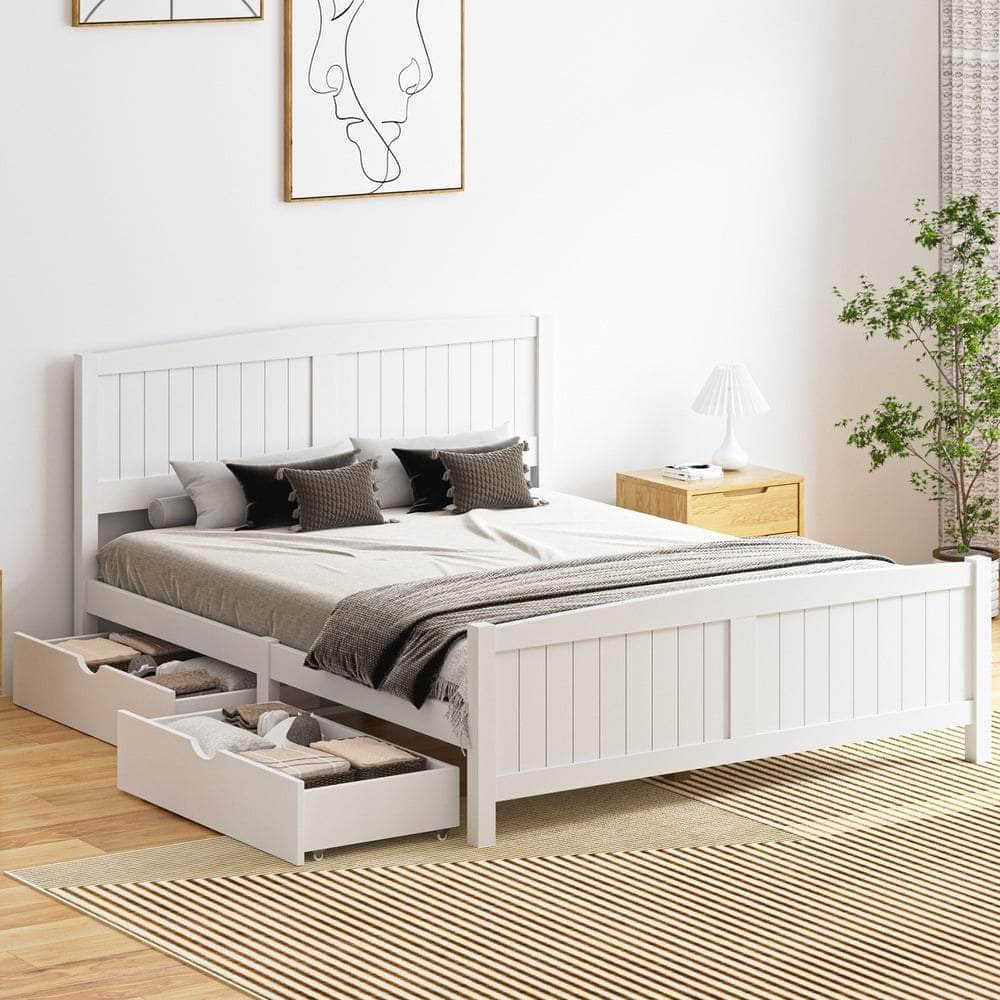 Wooden Bed Frame with Trundle Drawers White