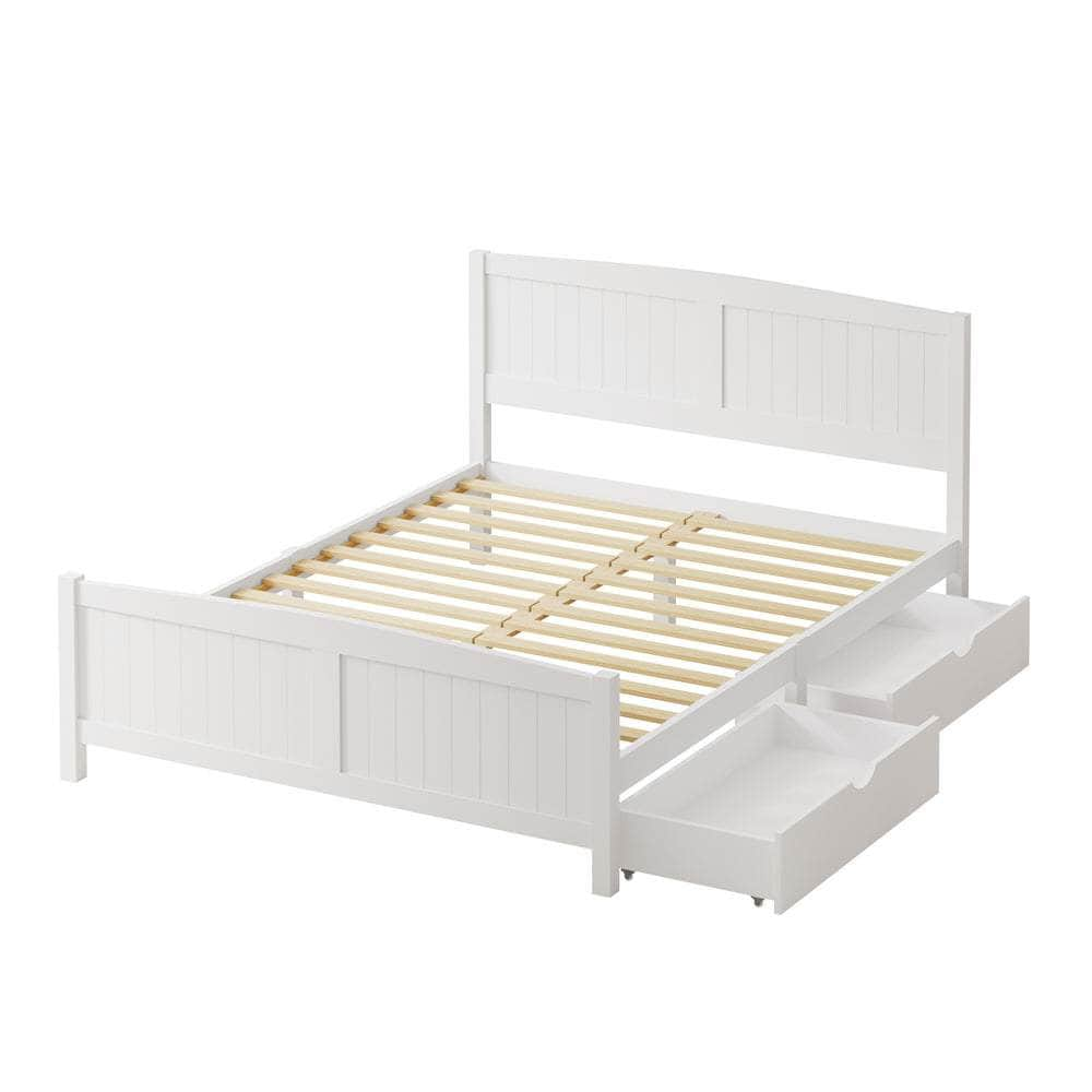 Wooden Bed Frame with Trundle Drawers White