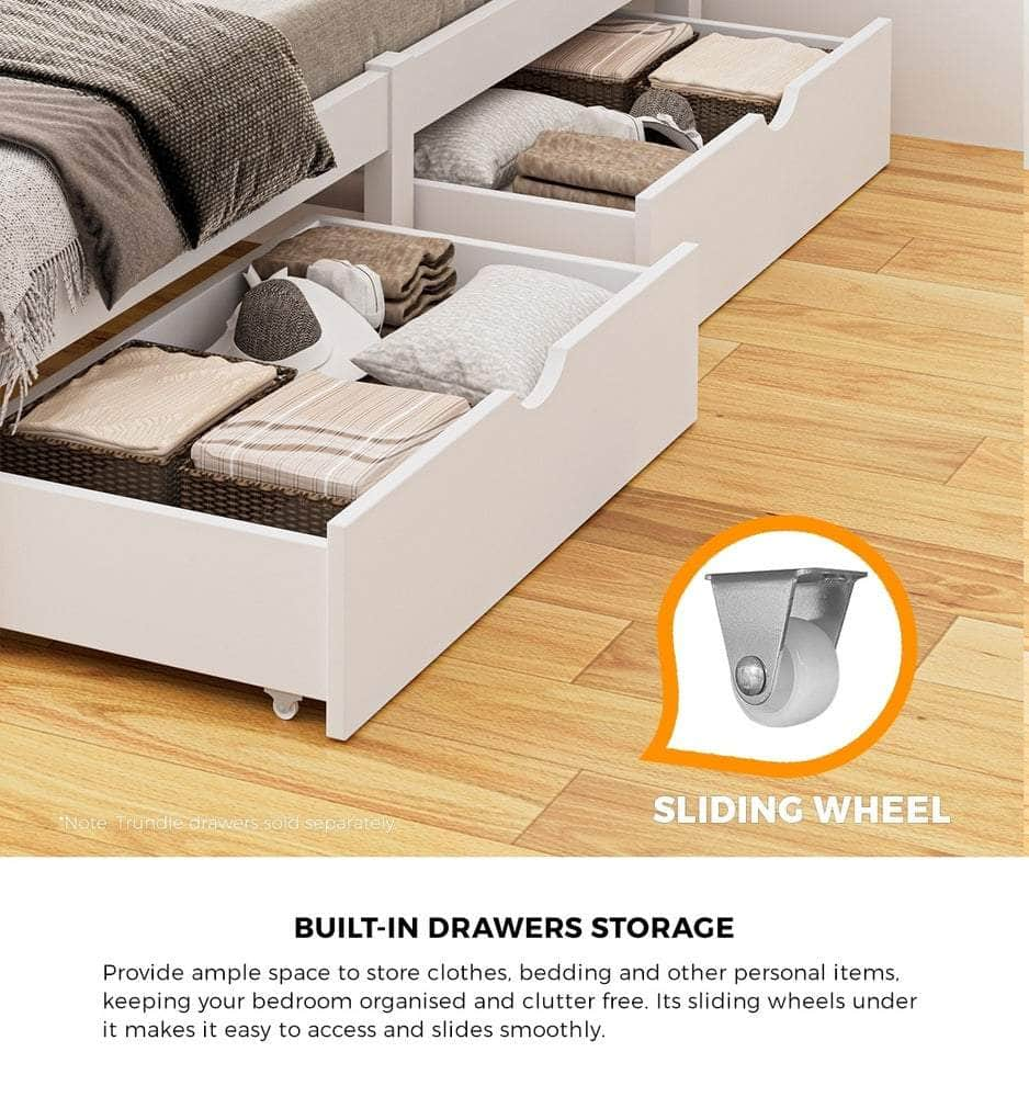 Wooden Bed Frame with Trundle Drawers White