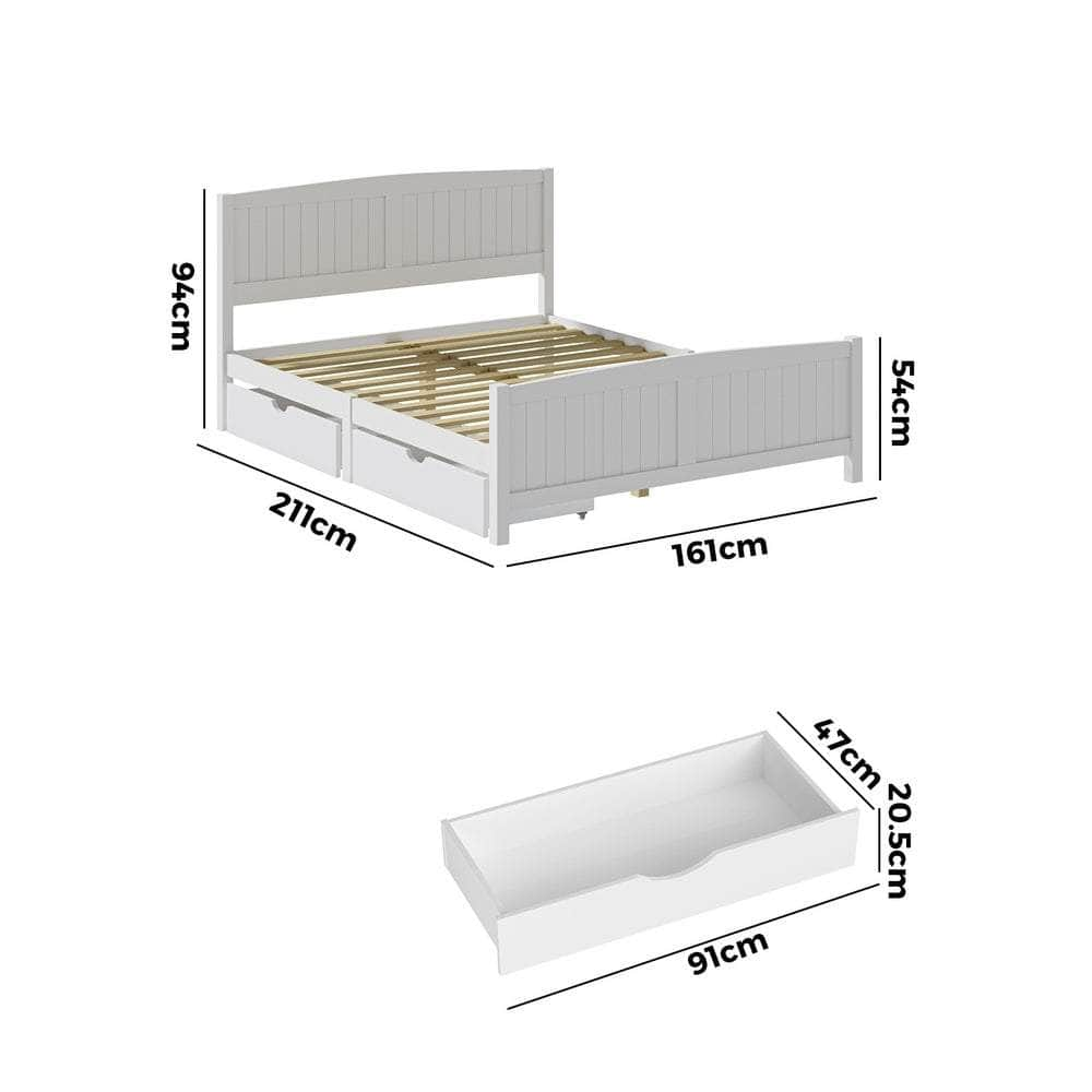 Wooden Bed Frame with Trundle Drawers White