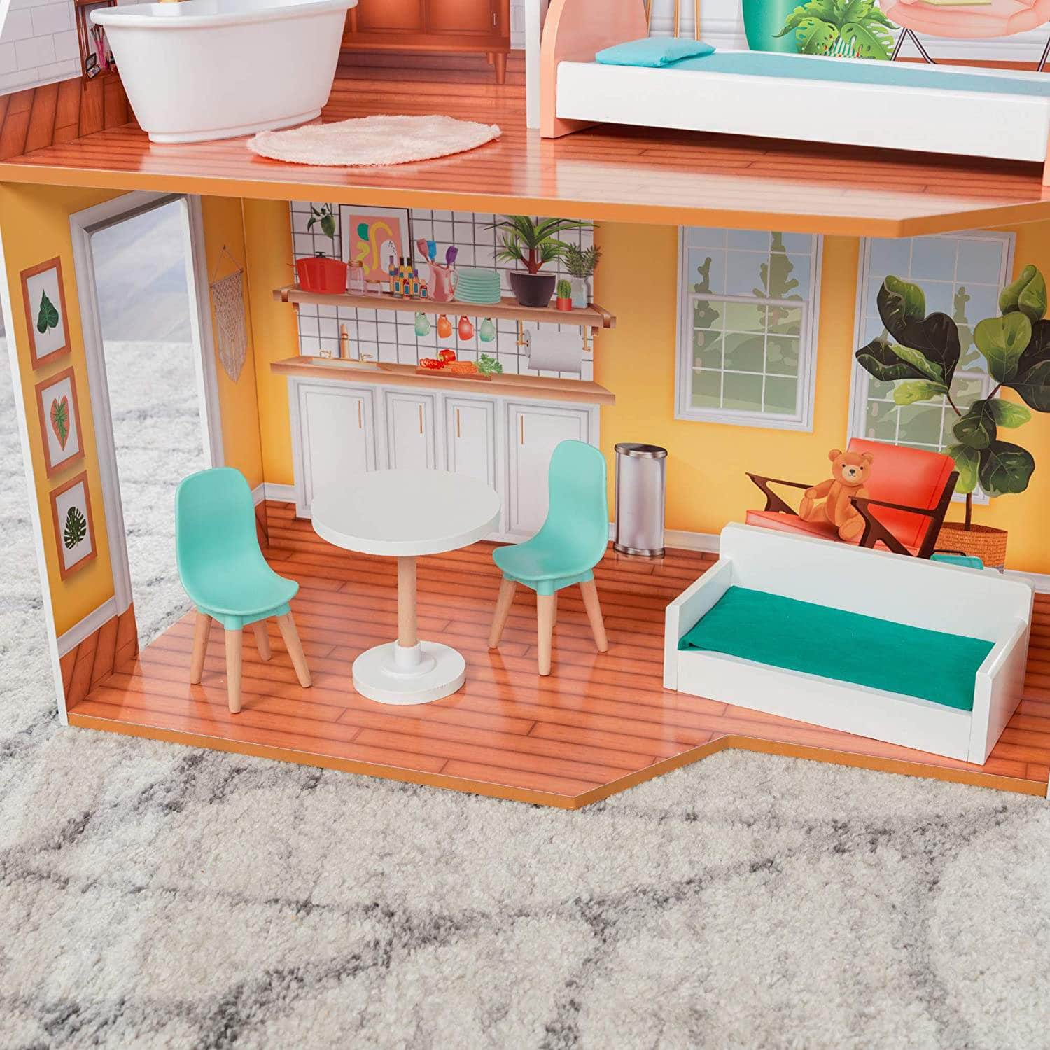 Wooden Dollhouse With Furniture For Kids