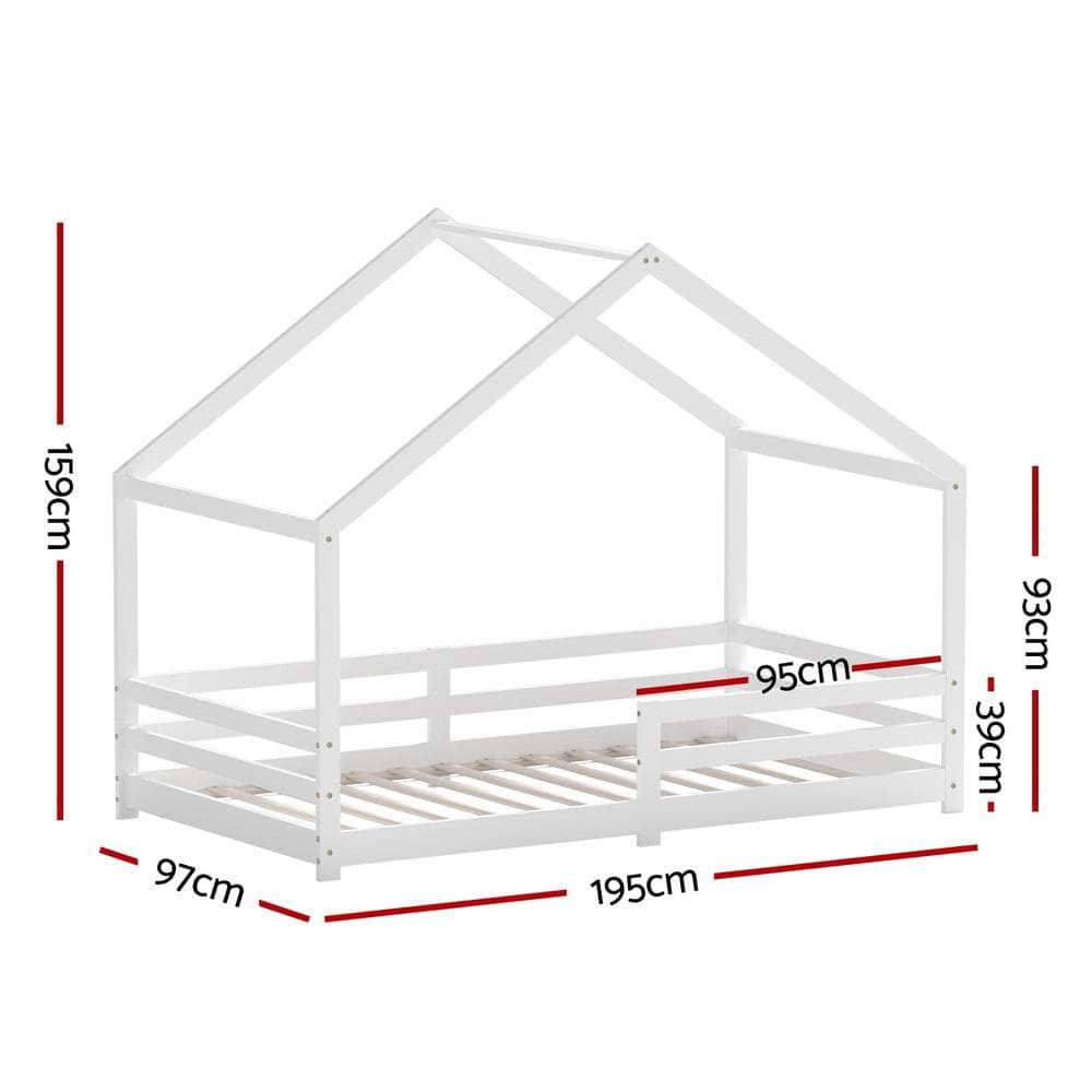 Wooden Kids Single House Bed Frame - White Amos