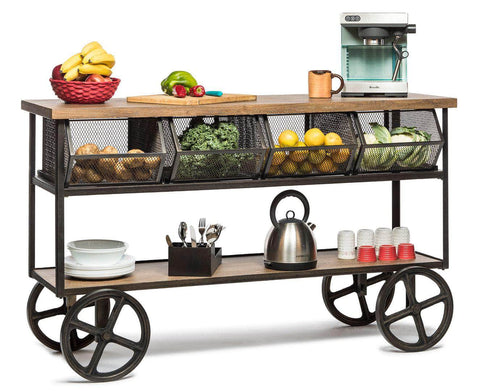 Wooden Kitchen Island Trolley Cart On Wheels With Drawers And 3 Level Storage