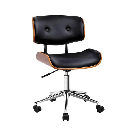 Wooden Office Chair Leather Seat Black