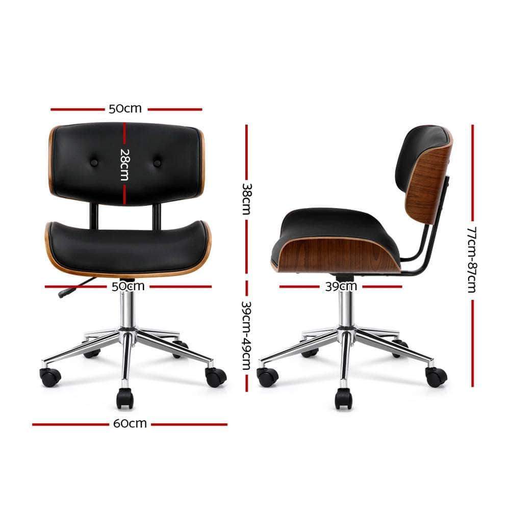 Wooden Office Chair Leather Seat Black