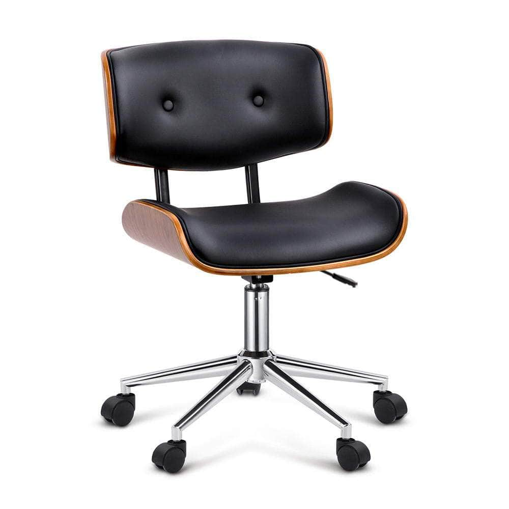 Wooden Office Chair Leather Seat Black