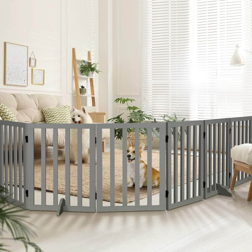 Wooden Pet Gate Dog Fence 6 Panels 80cm Grey