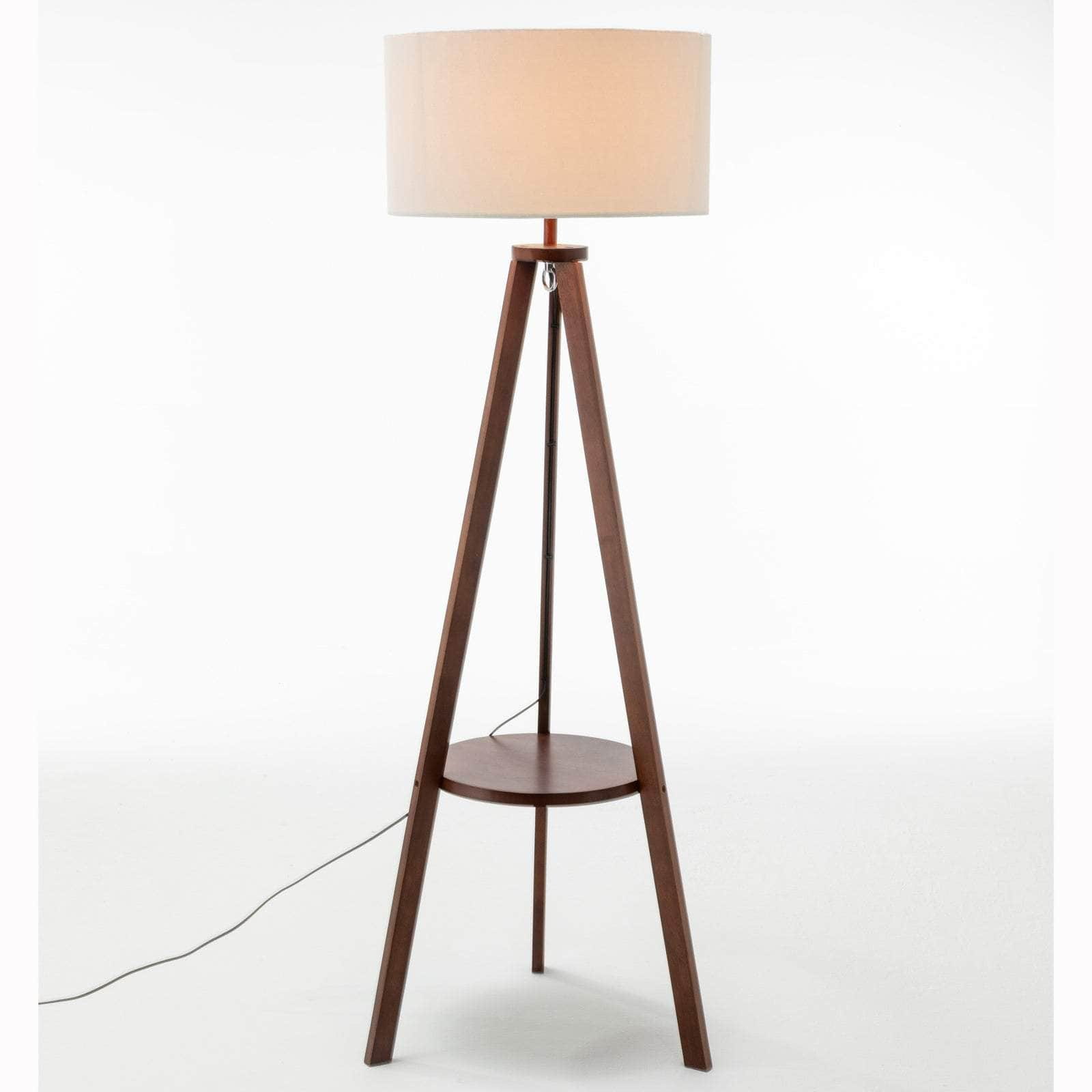 Wooden Tripod Floor Lamp W/ Round Shelf + Off White Linen Shade - Cherry