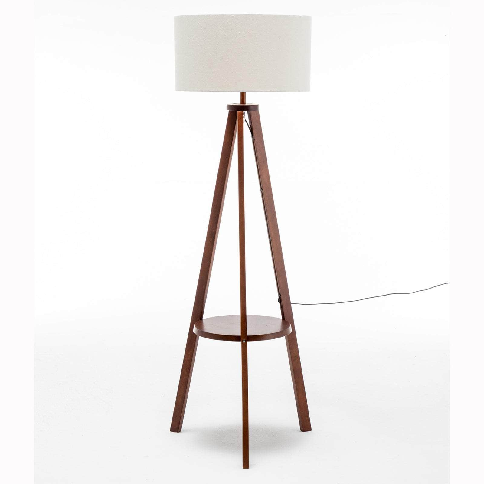 Wooden Tripod Floor Lamp W/ Round Shelf + Off White Linen Shade - Cherry