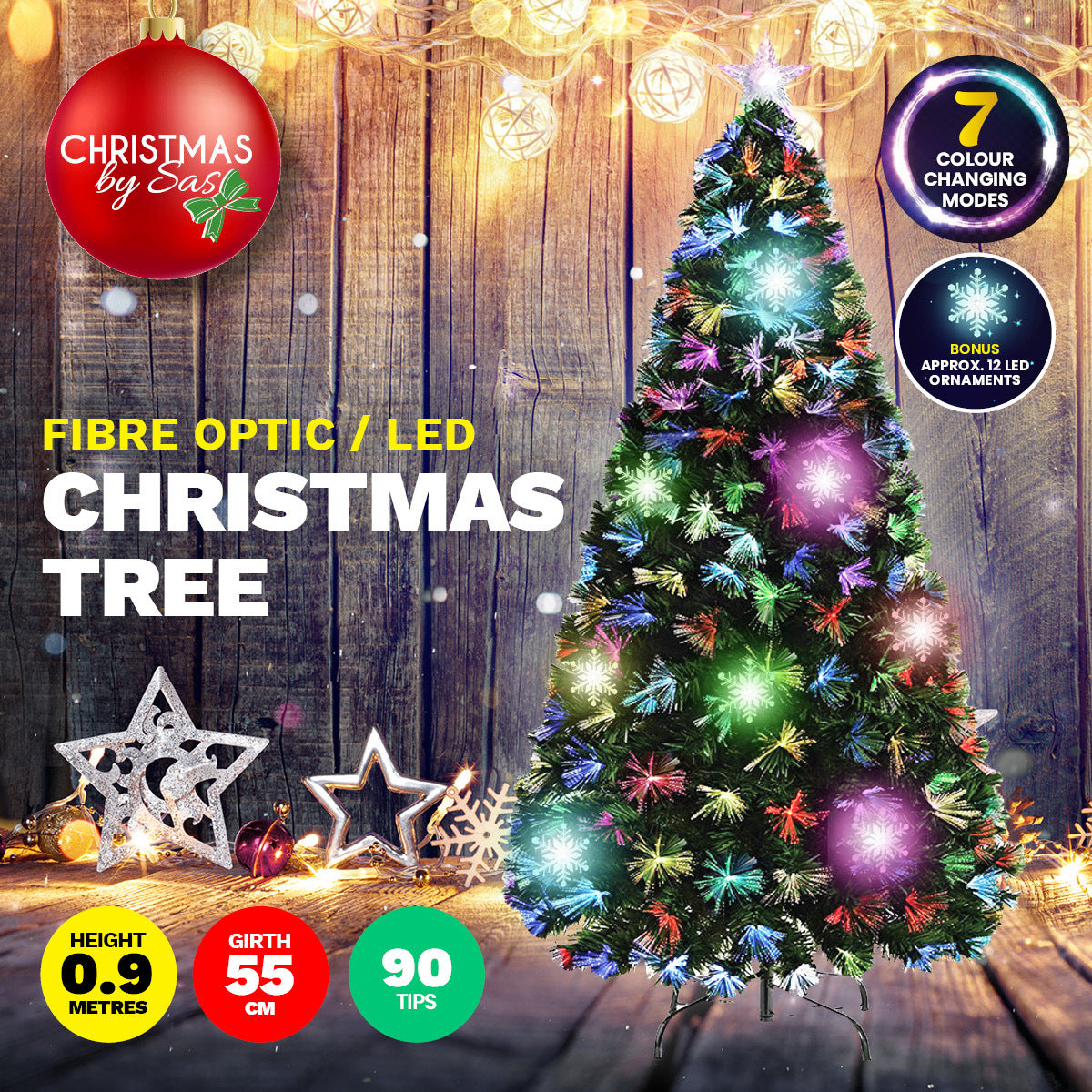 90cm Fibre Optic/LED Christmas Tree 90 Tips Multicolour Star & Ornaments