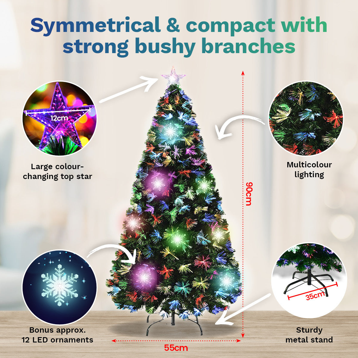 90cm Fibre Optic/LED Christmas Tree 90 Tips Multicolour Star & Ornaments