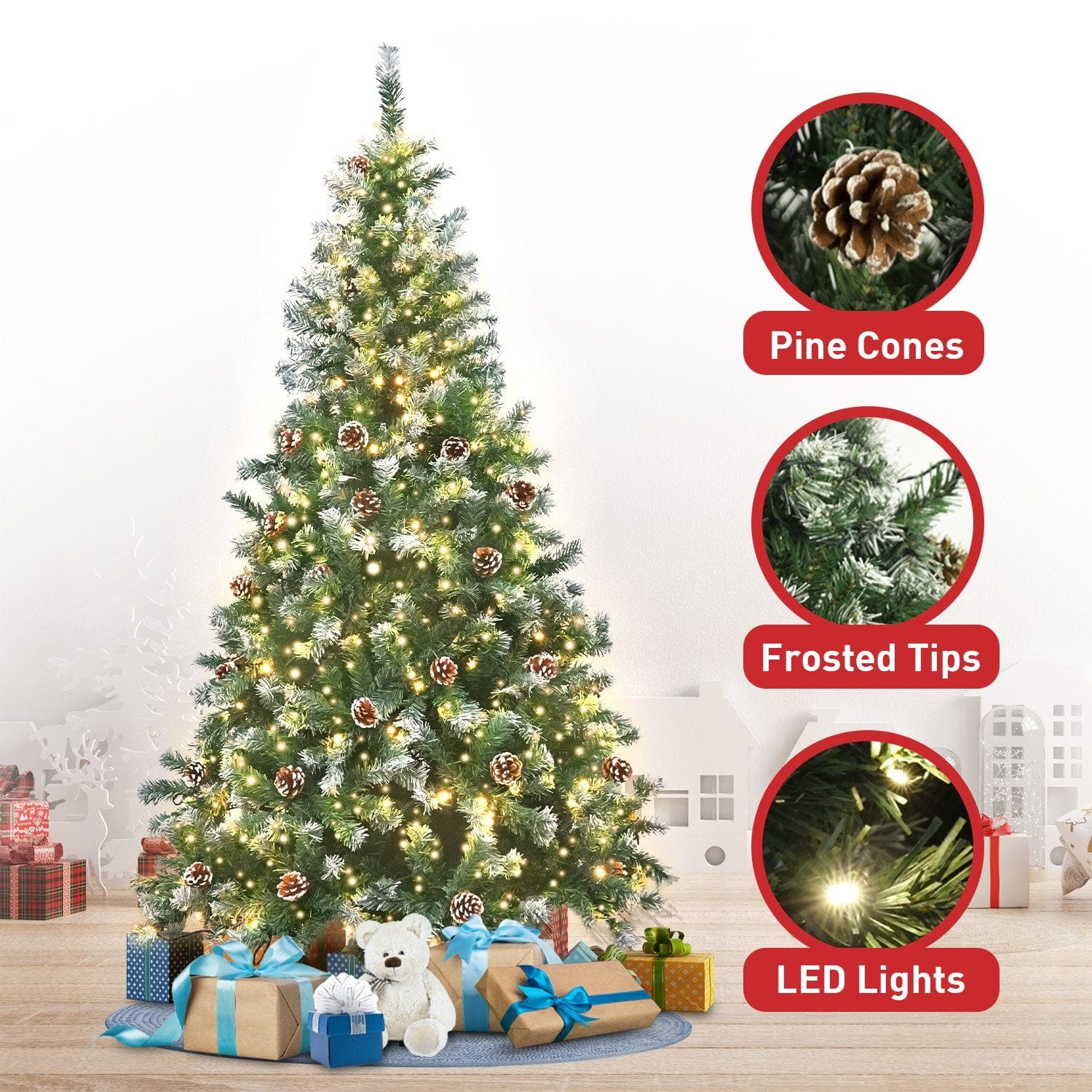 1.8m Pre Lit LED Christmas Tree with Pine Cones