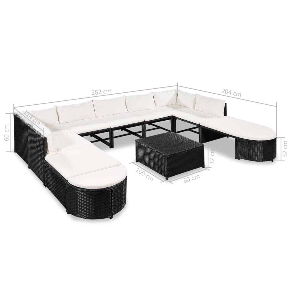 12 Piece Garden Lounge Set with Cushions Poly Rattan Black