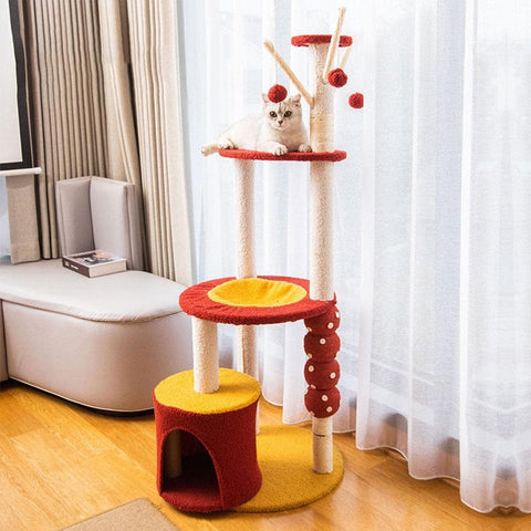 130cm Tanghulu Plush Cat Condo Cat Tree Red Yellow