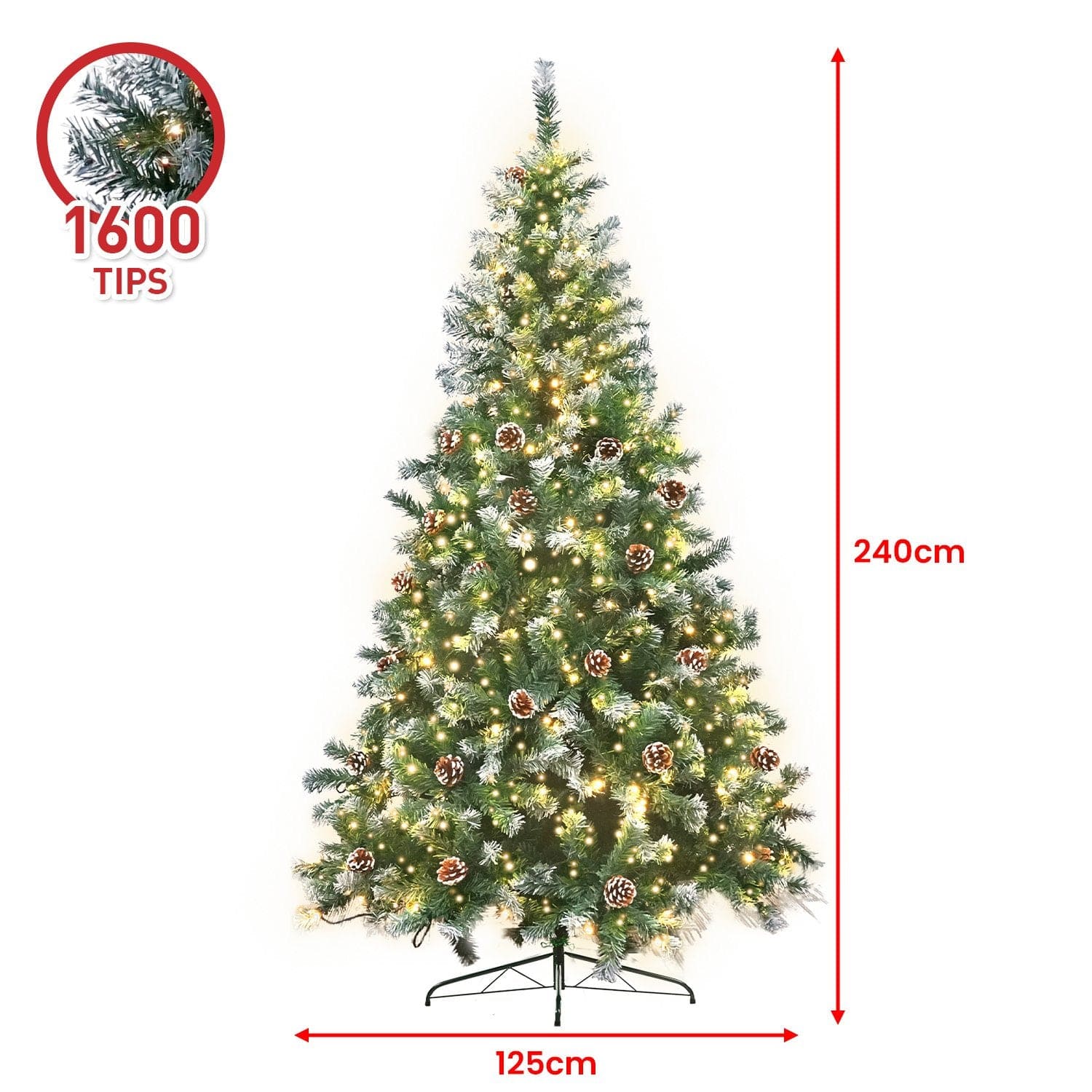 2.4m Pre Lit LED Christmas Tree with Pine Cones