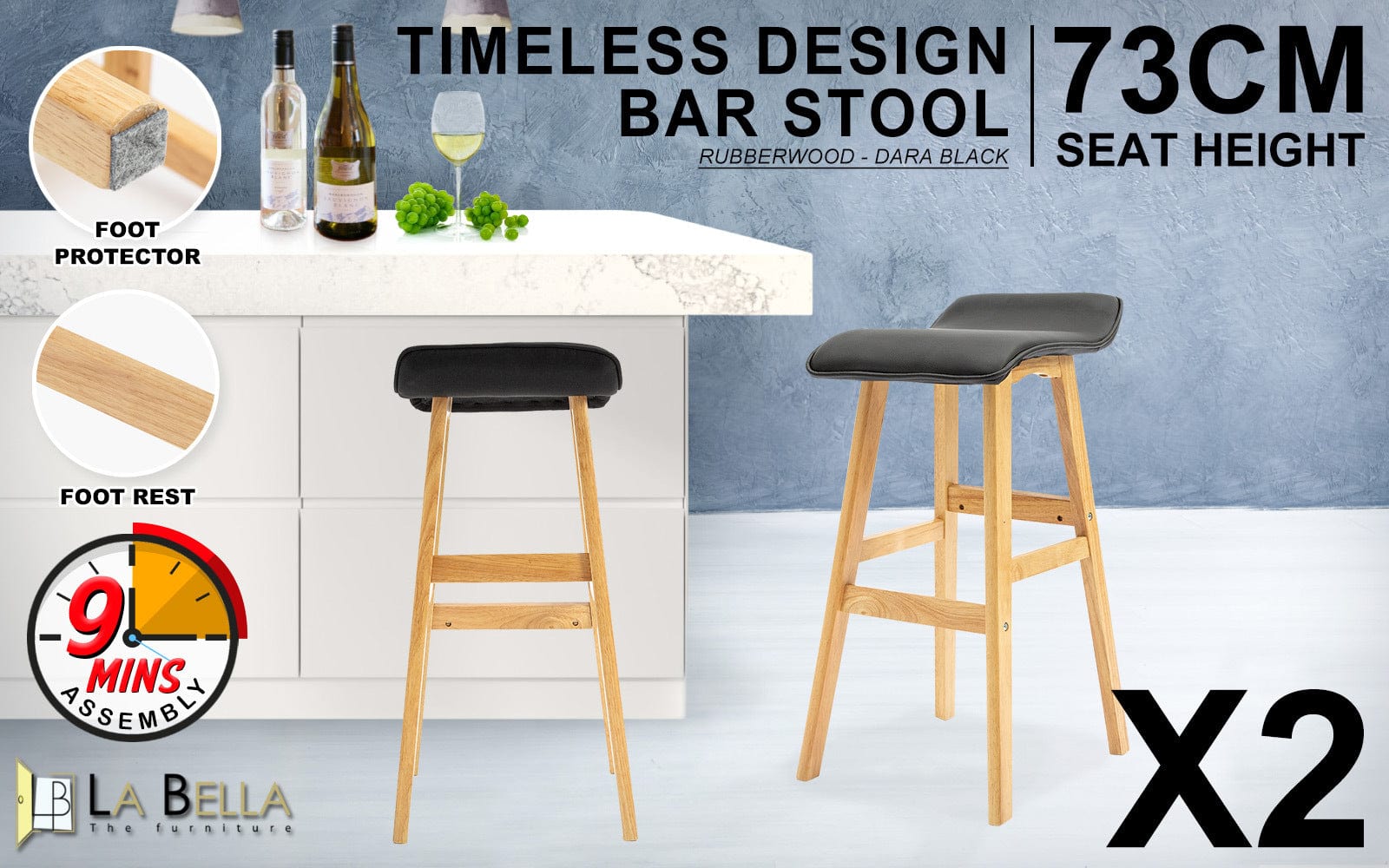 2 Set 73Cm Black Wooden Bar Stool Dara Leather