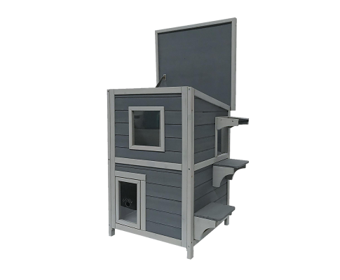 2 Story Weatherproof Indoor Outdoor Wooden Cat House-Grey and white