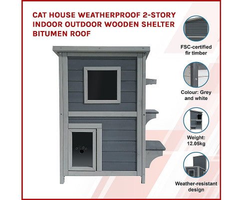 2 Story Weatherproof Indoor Outdoor Wooden Cat House-Grey and white