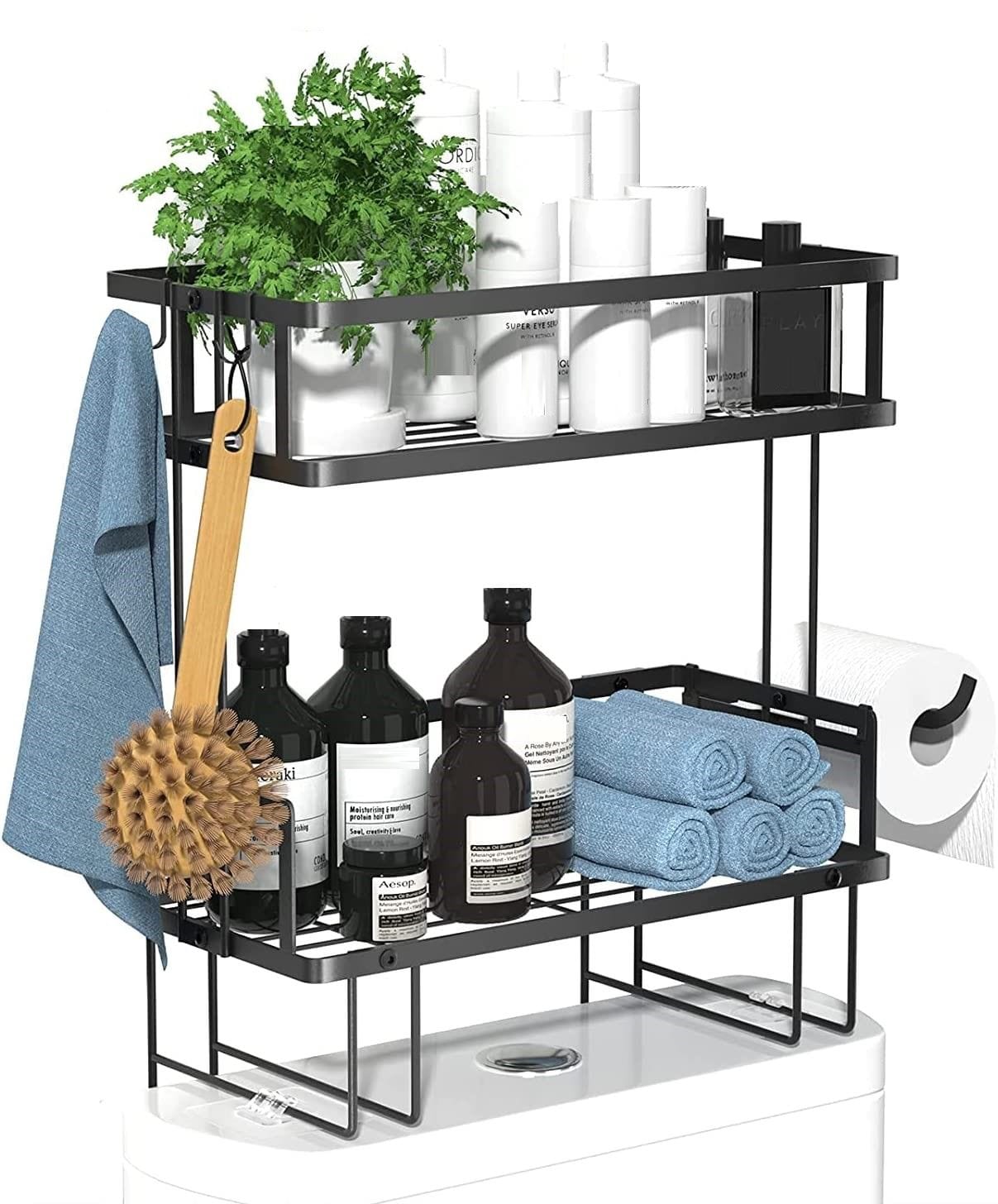 2 Tier Freestanding Bathroom Storage Organizer with Adhesive Base and Hooks for Bathroom