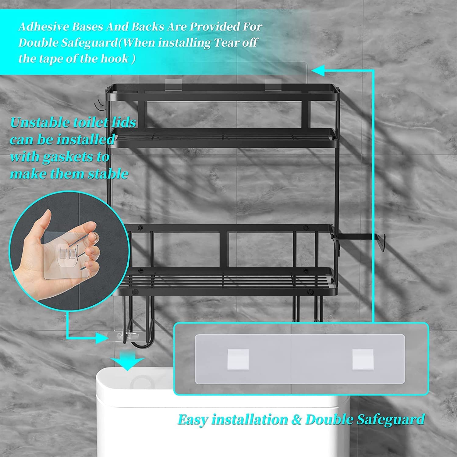 2 Tier Freestanding Bathroom Storage Organizer with Adhesive Base and Hooks for Bathroom