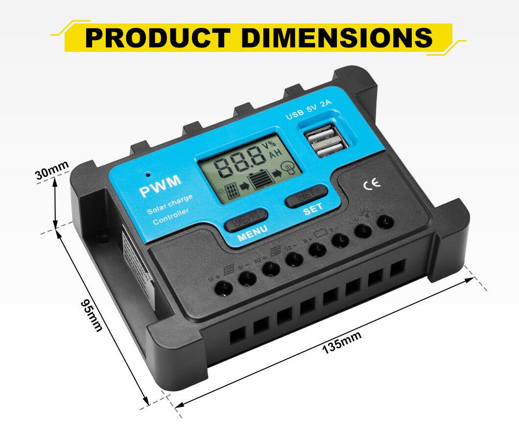 20A Solar Charge Controller 12V 24V Lithium Battery Panel Regulator 2 USB LCD