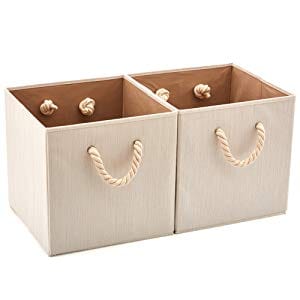 2x  Foldable Bamboo Fabric Storage Bin And Basket Box Organizer For Shelves - Beige