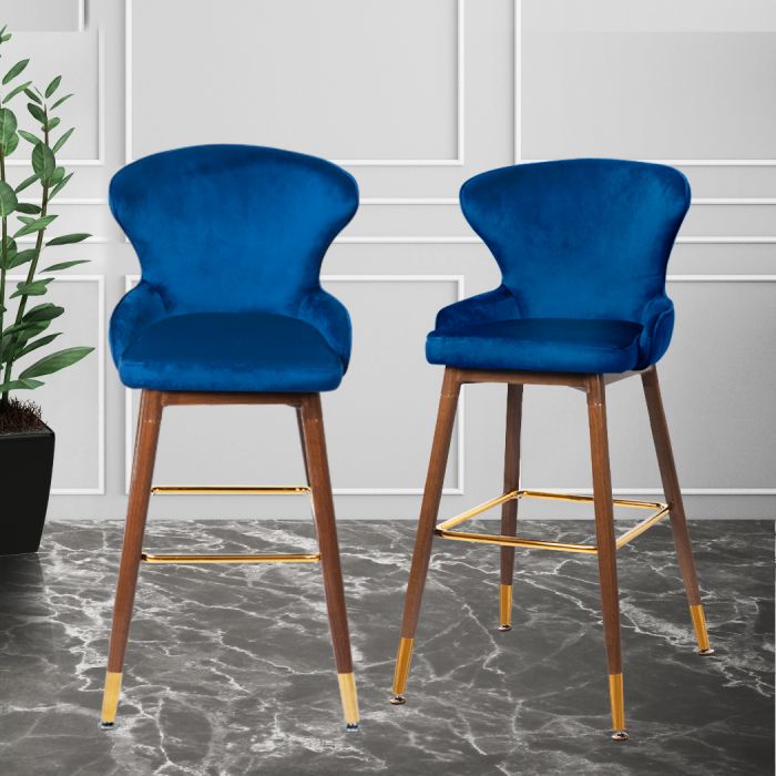 2x  Kitchen Stool Chairs Velvet Swivel Luxury Barstools Blue