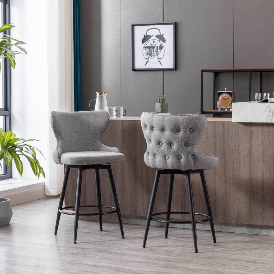 2X Swivel Bar Stools Tufted Counter Chairs With Stud Trim And Metal Base-Dark Grey