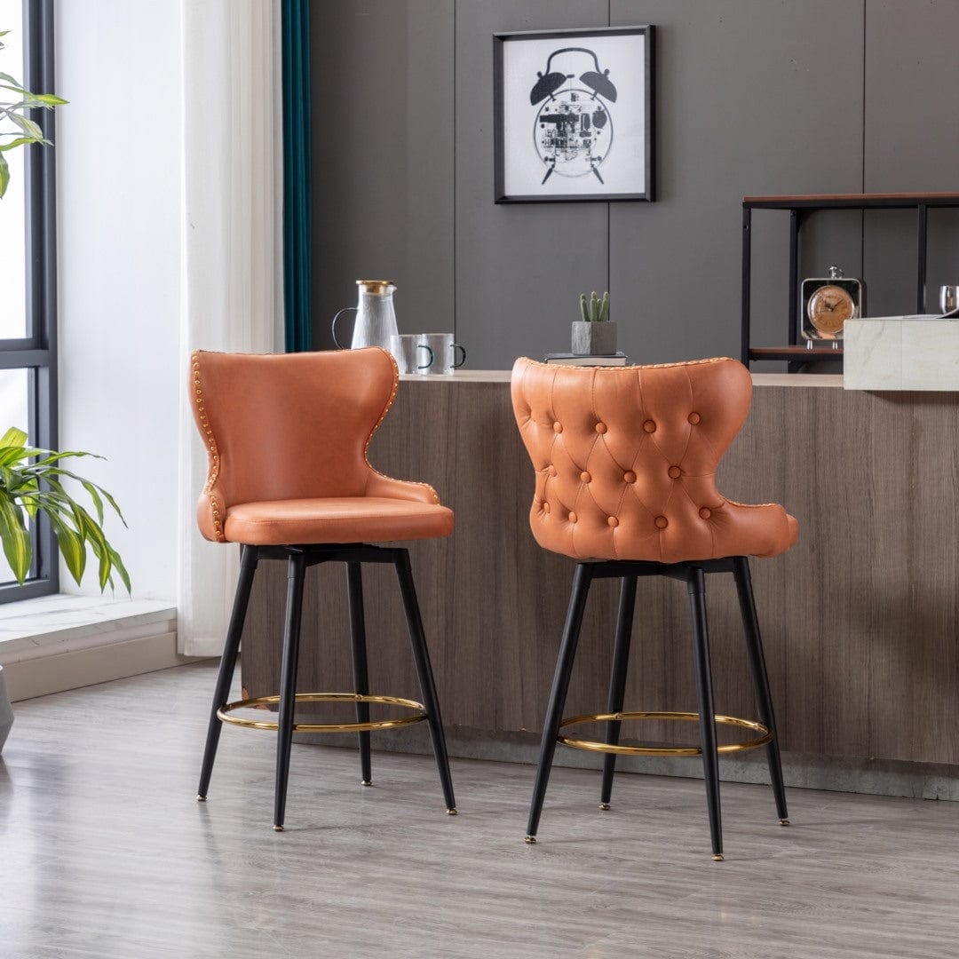 2X Swivel Bar Stools Tufted Counter Chairs With Stud Trim And Metal Base-Orange