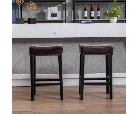 2X Wooden Legs Saddle Bar Stools Backless Leather Padded Counter Chairs 66Cm