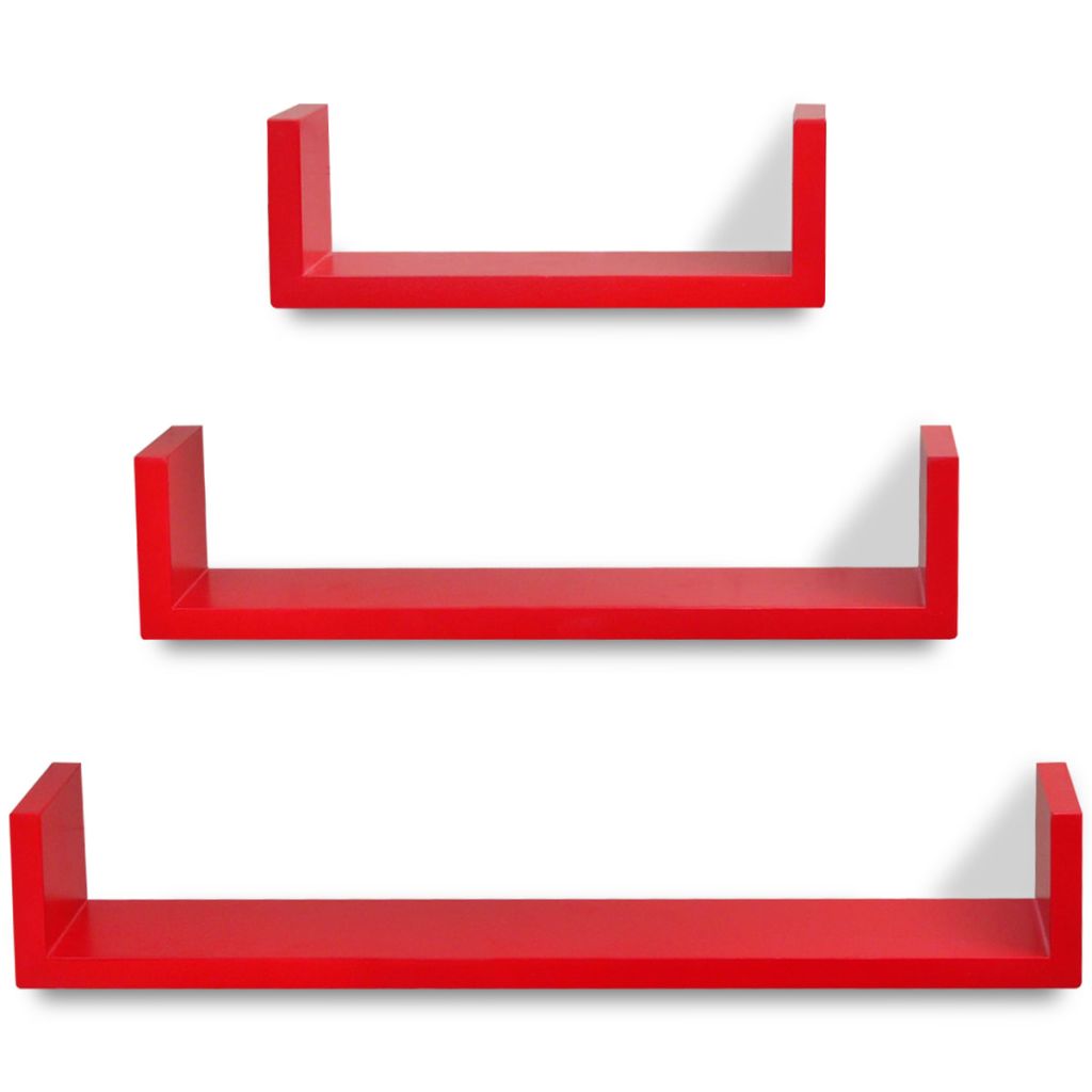 3 Red MDF U-shaped Floating Wall Display Shelves Book/DVD Storage