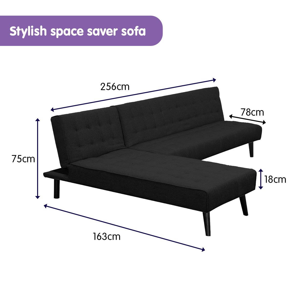 indoor furniture 3-Seater Corner Sofa Bed Lounge Chaise Couch - Black