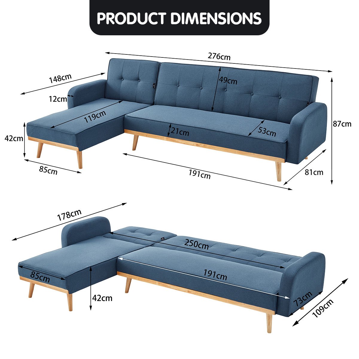 indoor furniture 3-Seater Corner Sofa Bed with Chaise Lounge - Blue