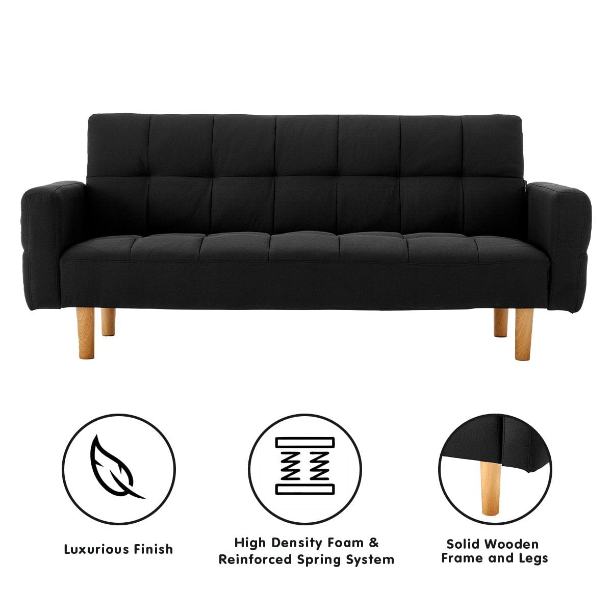 3-Seater Fabric Sofa Bed Futon - Black