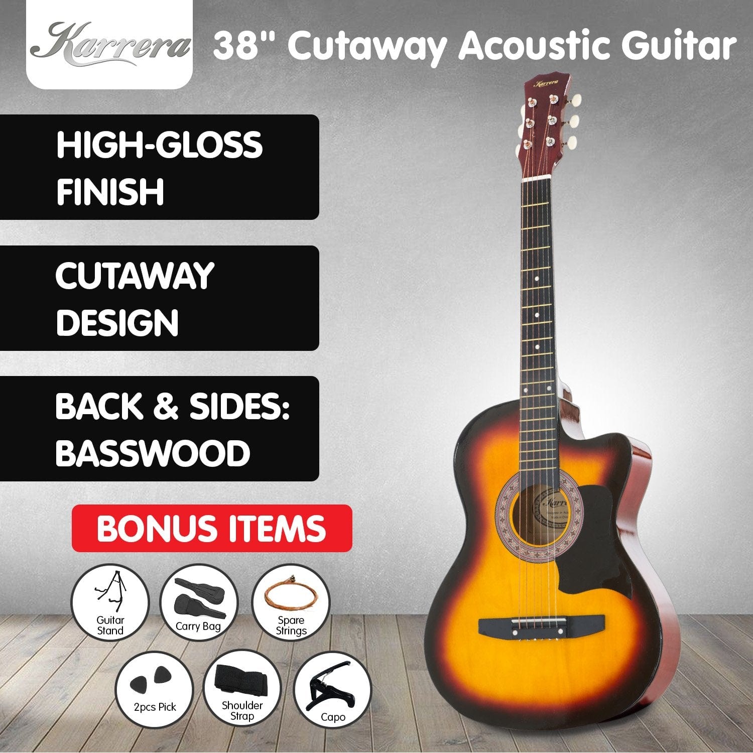 38in Pro Cutaway Acoustic Guitar with Bag Strings - Sun Burst