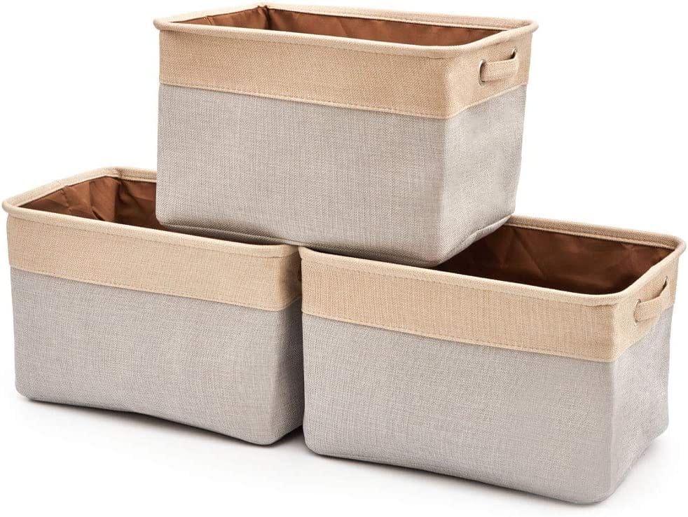 3x Collapsible Large Cube Fabric Storage Bins Baskets For Laundry - Beige