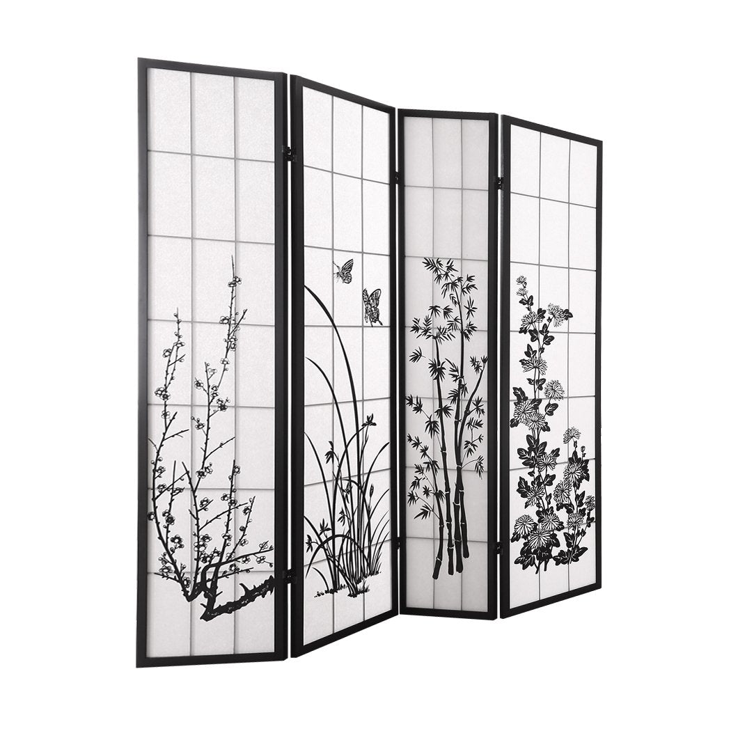 living room 4 Panel Room Divider Screen Door Stand Privacy Fringe Wood Fold Blossom