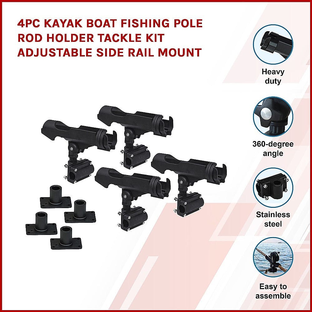 4PC Kayak Boat Fishing Pole Rod Holder Tackle Kit Adjustable Side Rail Mount