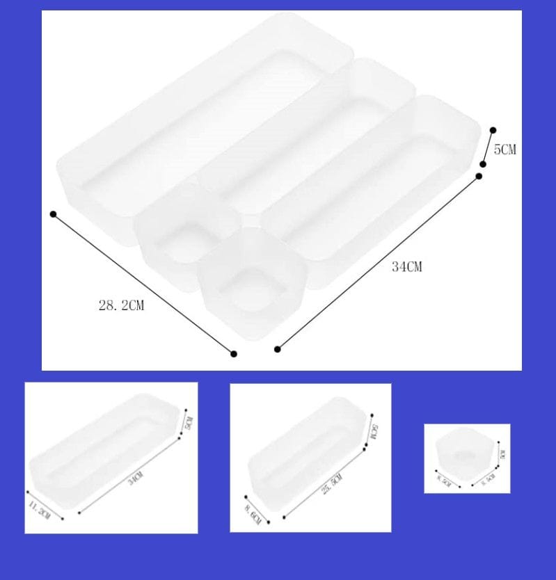 5 Pack Frosted plastic dresser and desk drawer storage rack for make-up brushes and kitchen