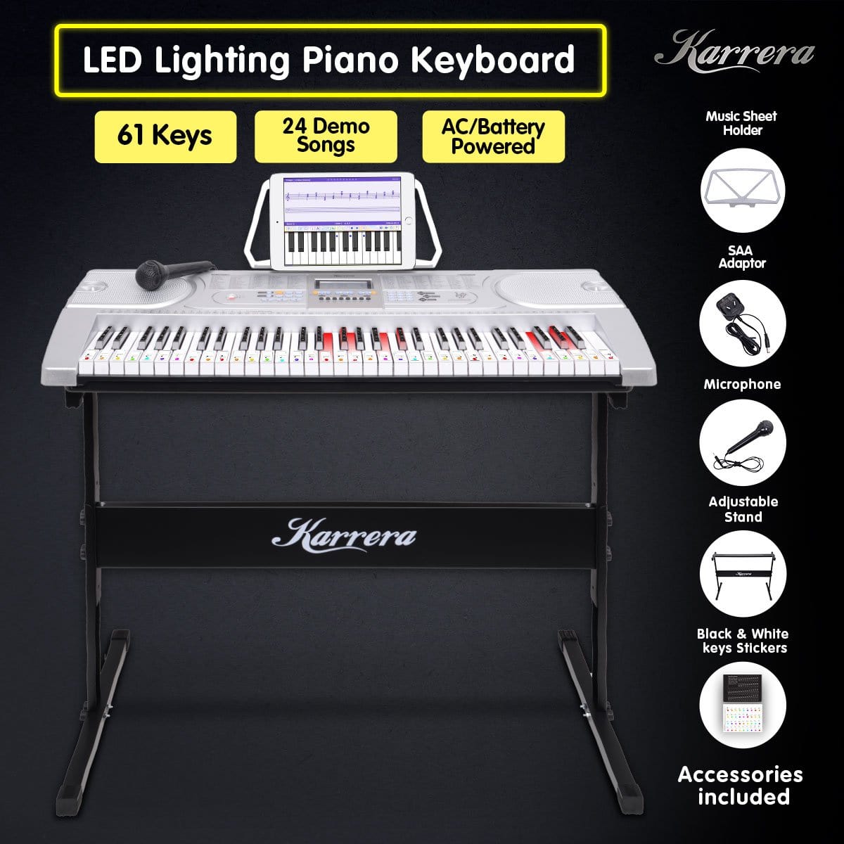 61 Keys Electronic Led Keyboard Piano With Stand - Silver