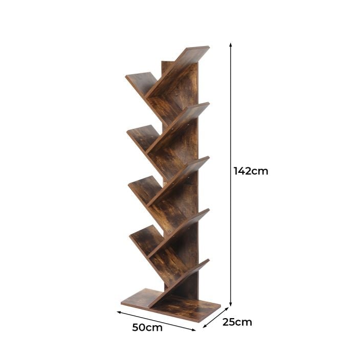 8-Tier Wooden Tree Bookcase Storage Bookshelf-Brown