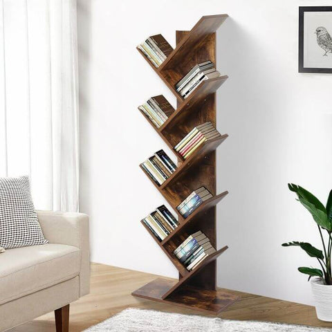 8-Tier Wooden Tree Bookcase Storage Bookshelf-Brown