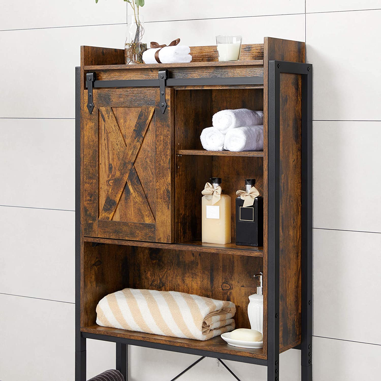 Bathroom Organiser Rack With Small Cabinet Steel Frame 64 X 24 X 171 Cm Rustic Brown And Black