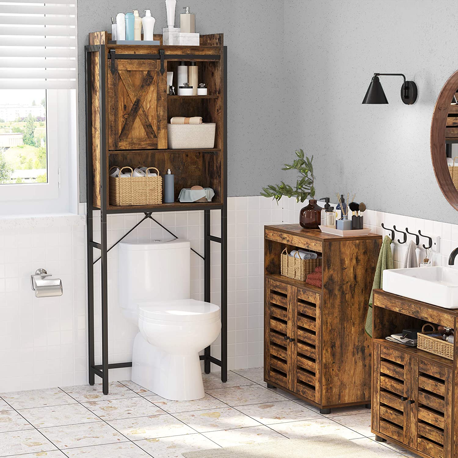 Bathroom Organiser Rack With Small Cabinet Steel Frame 64 X 24 X 171 Cm Rustic Brown And Black